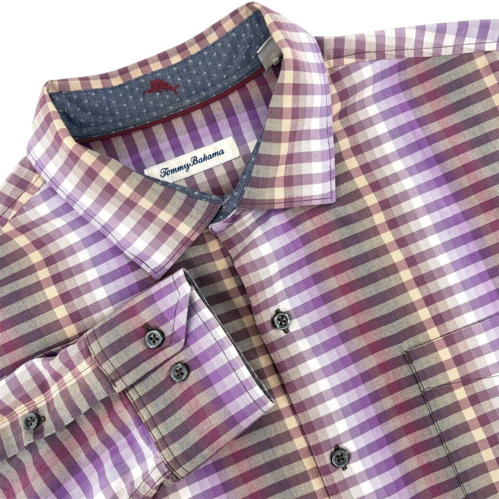 Tommy Bahama Mens Purple‎ Grey Ombre Check Silk Blend Button Down Shirt Large
